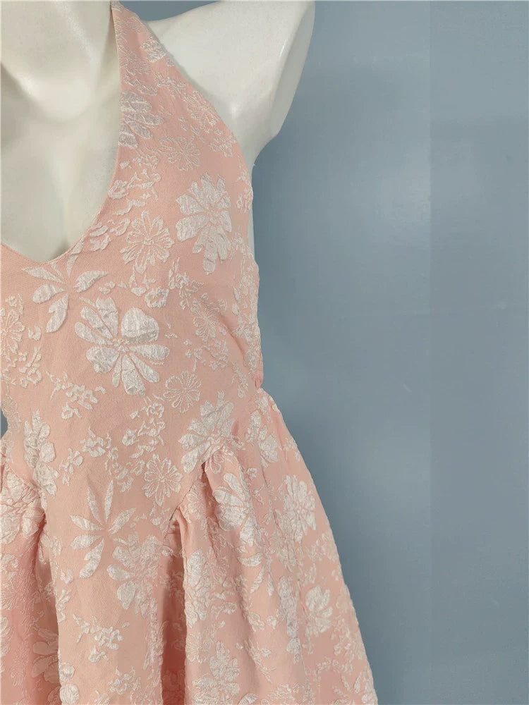 pink fairy jacquard halterneck open back big swing midi dress
