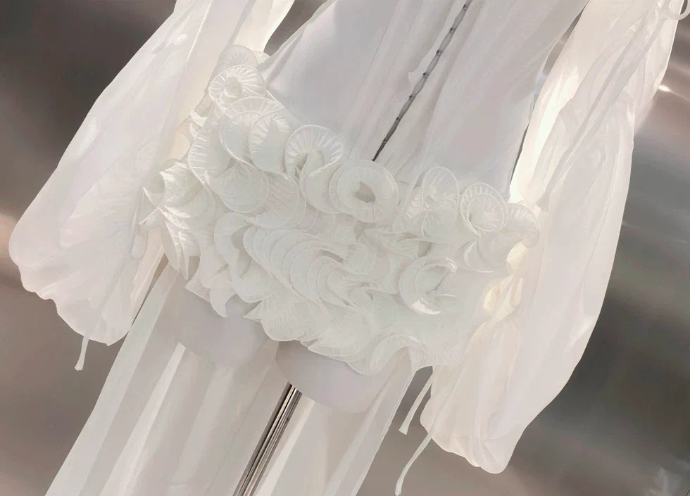 Off Shoulder Sheer Sleeve Corset Ruffle High Low Mini Dress poava