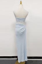 Hollow Pleated Suspenders with Ruffles Maxi Dress in Blue Avalabel