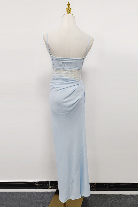 Hollow Pleated Suspenders with Ruffles Maxi Dress in Blue Avalabel