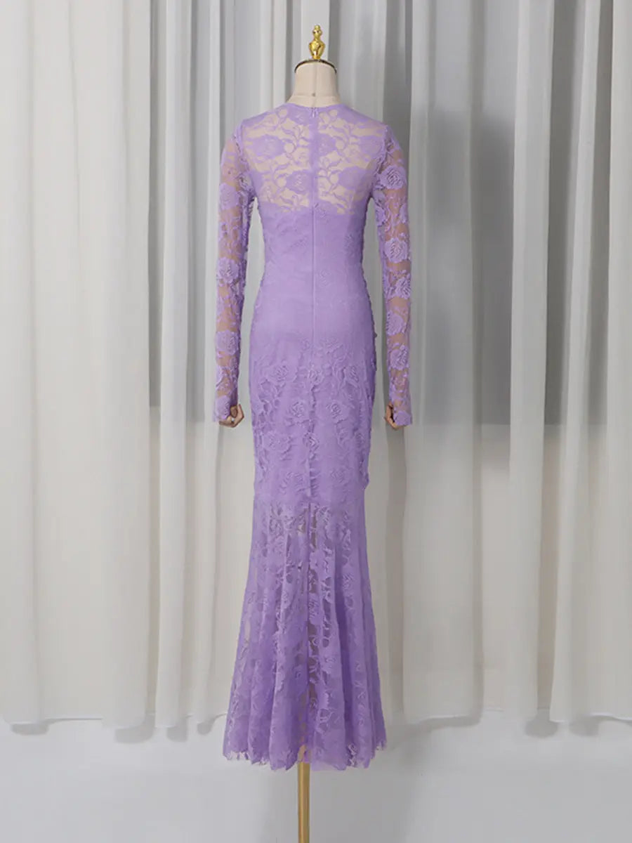 penny lace  hollow ruched bodycon long sleeve maxi dress in purple Avalabel
