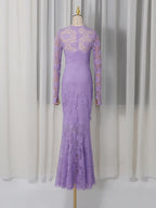 penny lace  hollow ruched bodycon long sleeve maxi dress in purple Avalabel