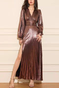 nora Metallic Brown V-Neck Long Sleeve Pleated Maxi Dress Avalabel