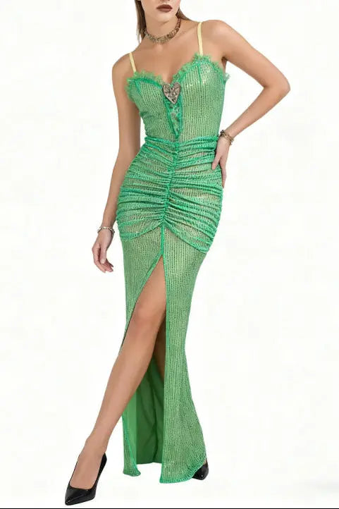 bertha high slit pleated sequin maxi dress in green Avalabel