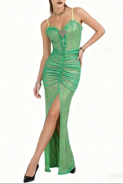 bertha high slit pleated sequin maxi dress in green