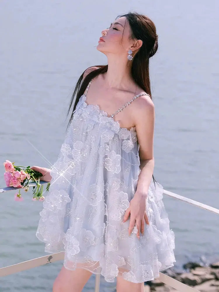 Tutu Light Blue Sleeveless Flower Diamond Short Doll Dress Avalabel
