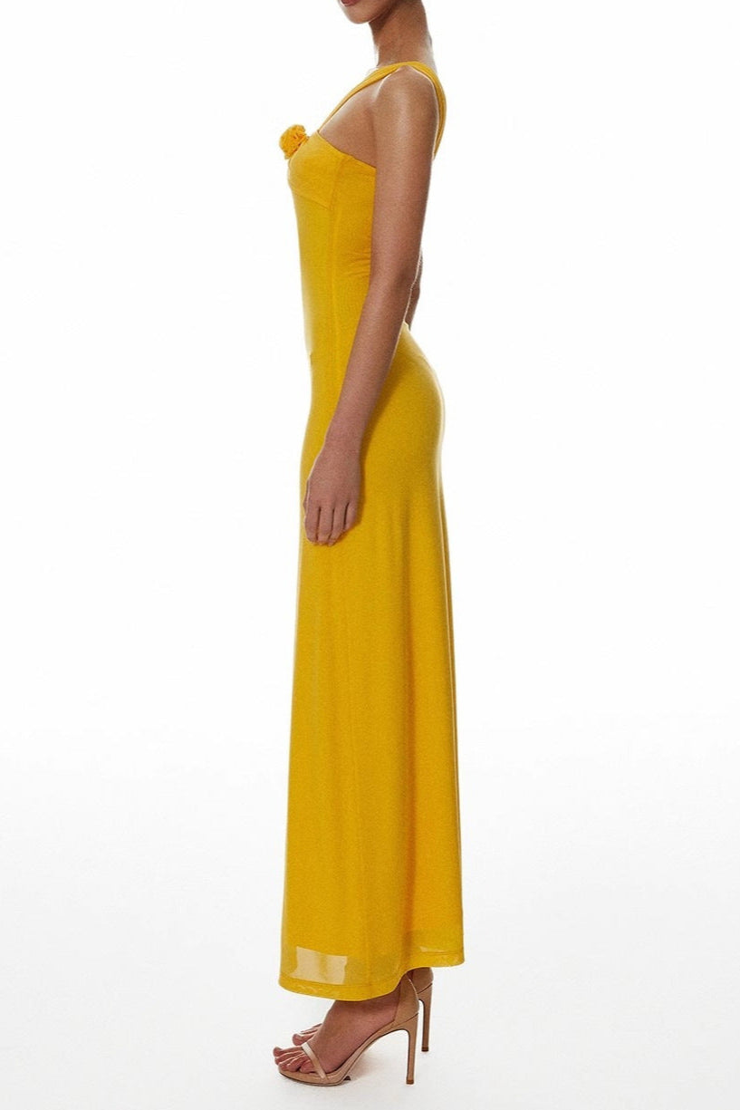 One-Shoulder Flower A-Line Maxi Dress in Yellow Avalabel