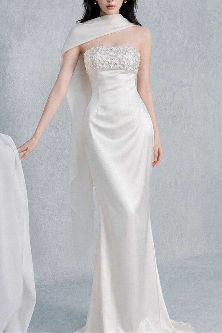Sylvia Rhinestone Embellish Strapless Satin Maxi Dress  - White Avalabel