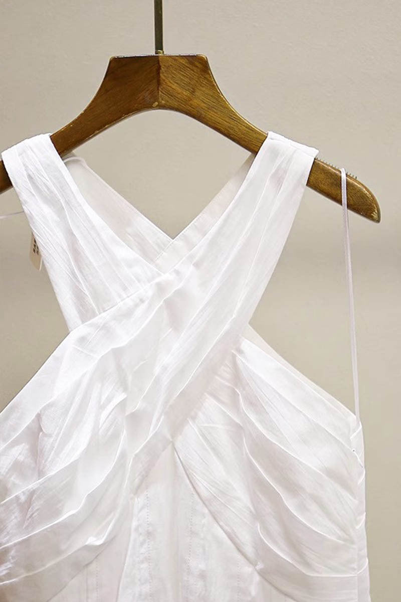 High Crossover V-Neck Pleated Maxi Dress in White Avalabel