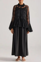 Tiffany Black Lace Bell-Sleeve Ruffle Embroidered top maxi skirt set Avalabel