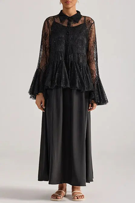 Tiffany Black Lace Bell-Sleeve Ruffle Embroidered top maxi skirt set Avalabel