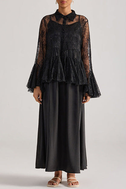 Tiffany Black Lace Bell-Sleeve Ruffle Embroidered top maxi skirt set