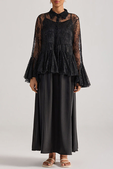 Tiffany Black Lace Bell-Sleeve Ruffle Embroidered top maxi skirt set