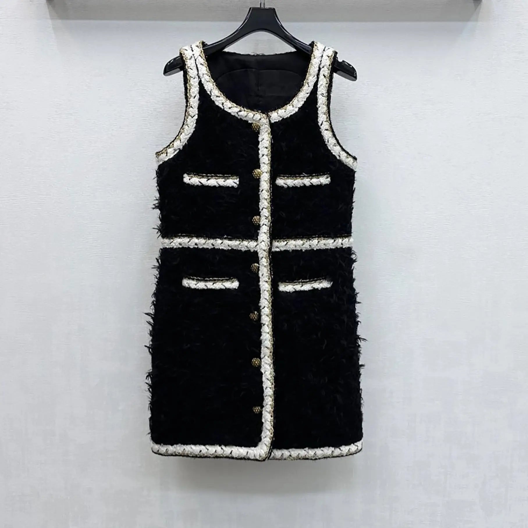 Wool Tweed sleeveless Short Dress in black Avalabel