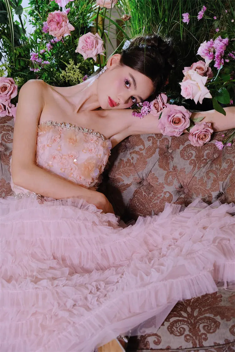 Pink Princess layer ruffle midi floral Embroidery strapless Dress Avalabel