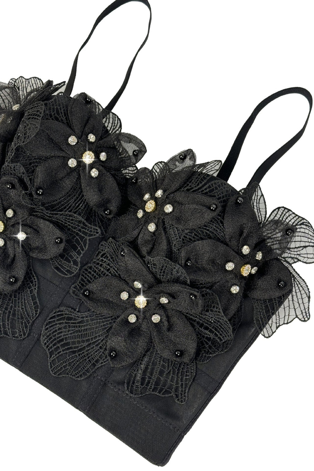 Spaghetti Strap Sheer Mesh 3D Tulle Flower Rhinestone Pearl Corset Bustier Top sis label