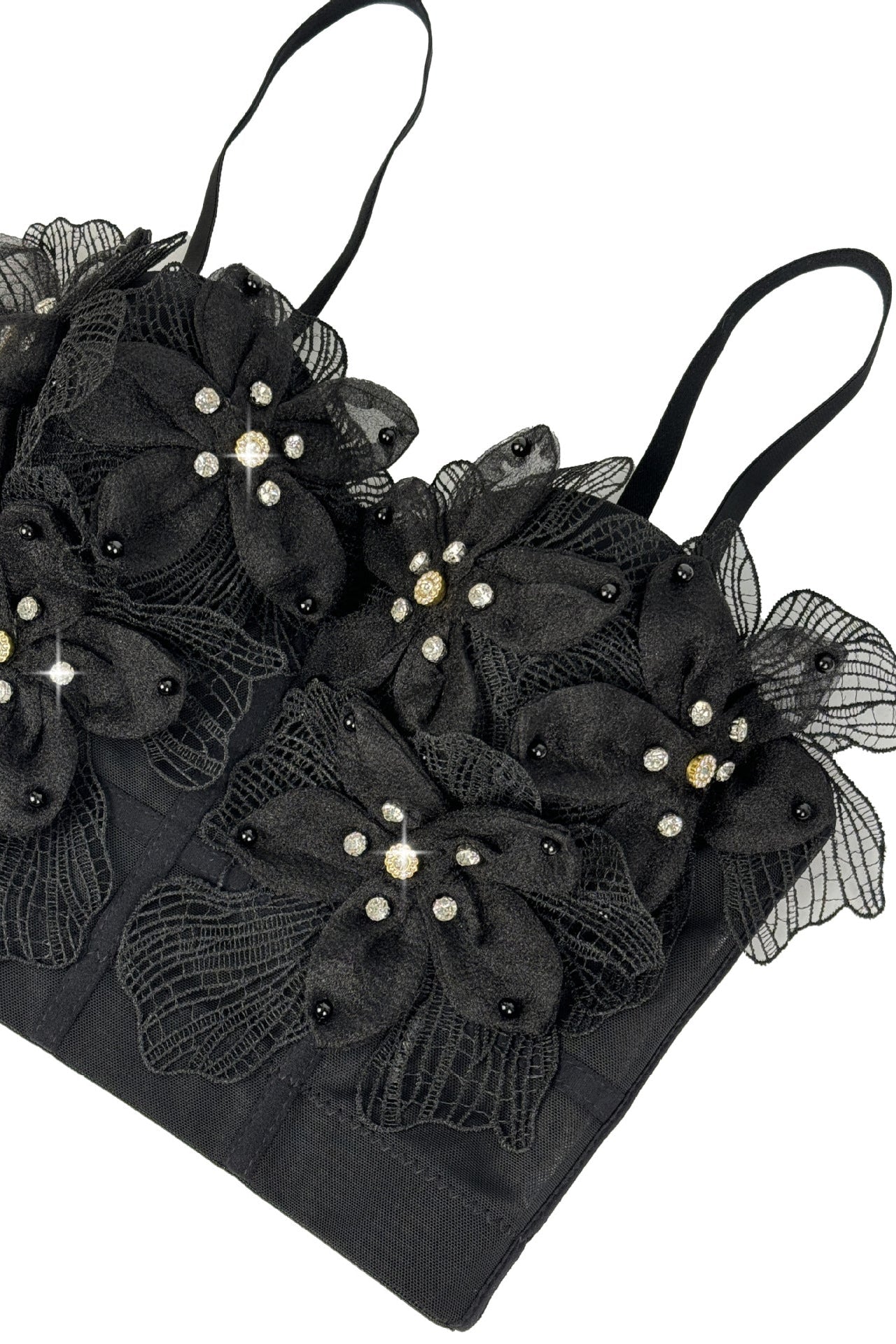 Spaghetti Strap Sheer Mesh 3D Tulle Flower Rhinestone Pearl Corset Bustier Top sis label