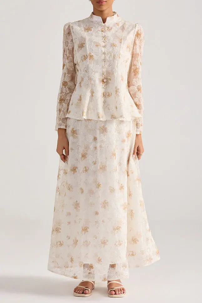 Rebecca Yellow Floral Embroidered Long-Sleeve Top Skirt Set Avalabel