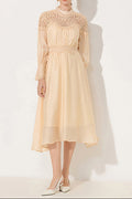 Cecilia Apricot Lantern Sleeves Openwork Wavy Trim Midi Dress Avalabel