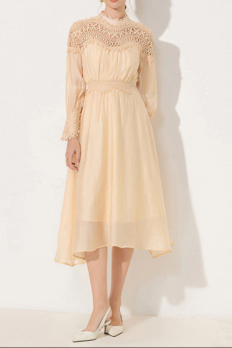 Cecilia Apricot Lantern Sleeves Openwork Wavy Trim Midi Dress Avalabel