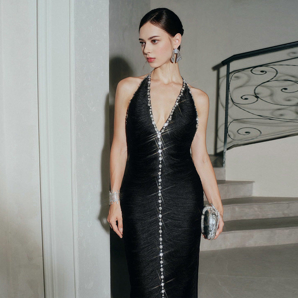 sherry halter rhinestone bandage tassel midi dress in black Avalabel