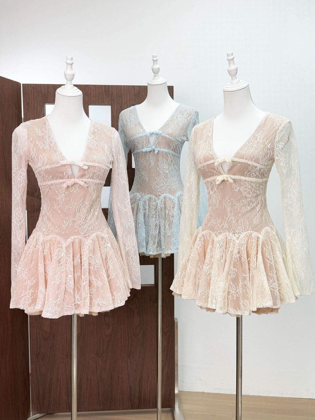Eileen Long-Sleeve V-Neck Lace A-Line Mini Dress in Pink Avalabel