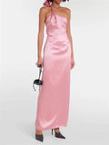 Yvonne One-Shoulder 3D Flower Satin Maxi Dress in Pink Avalabel