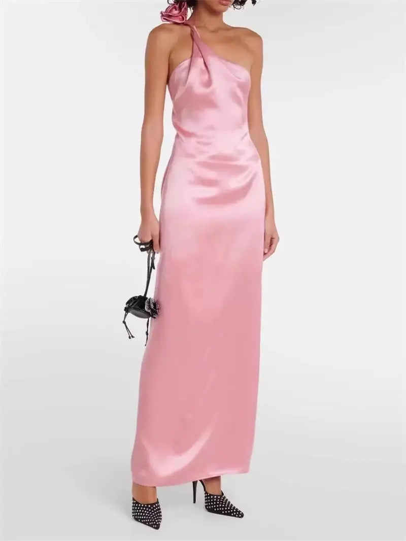 Yvonne One-Shoulder 3D Flower Satin Maxi Dress in Pink Avalabel