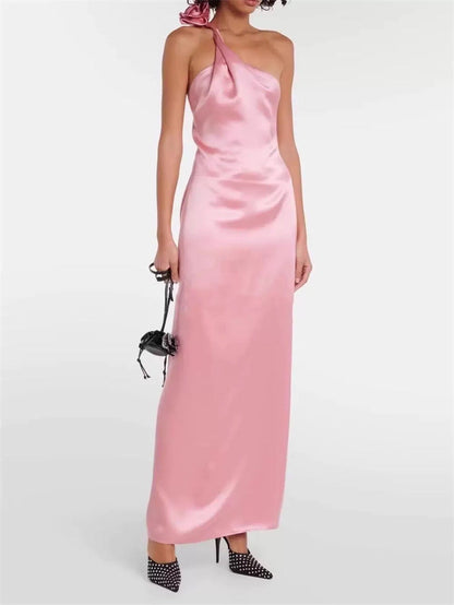 Yvonne One-Shoulder 3D Flower Satin Maxi Dress in Pink