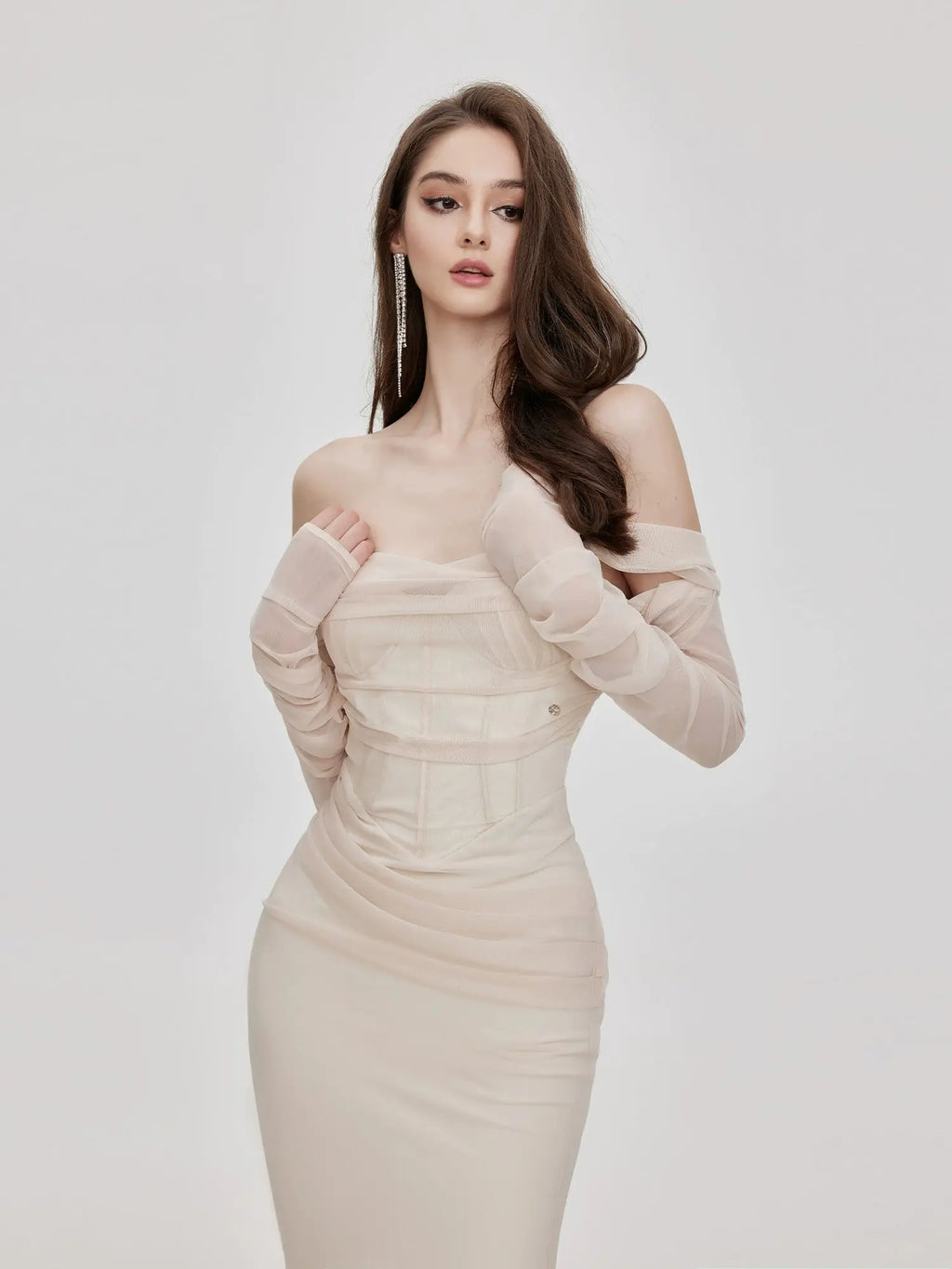 Ariel Apricot Mesh Off-Shoulder Mermaid Maxi Dress Avalabel