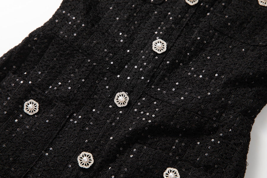 Round Neck Short Sleeves sequin Maxi Dress in black Avalabel