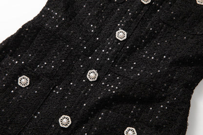 Round Neck Short Sleeves sequin Maxi Dress in black
