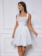 sabina appliqué Satin puffy mini dress in white Avalabel