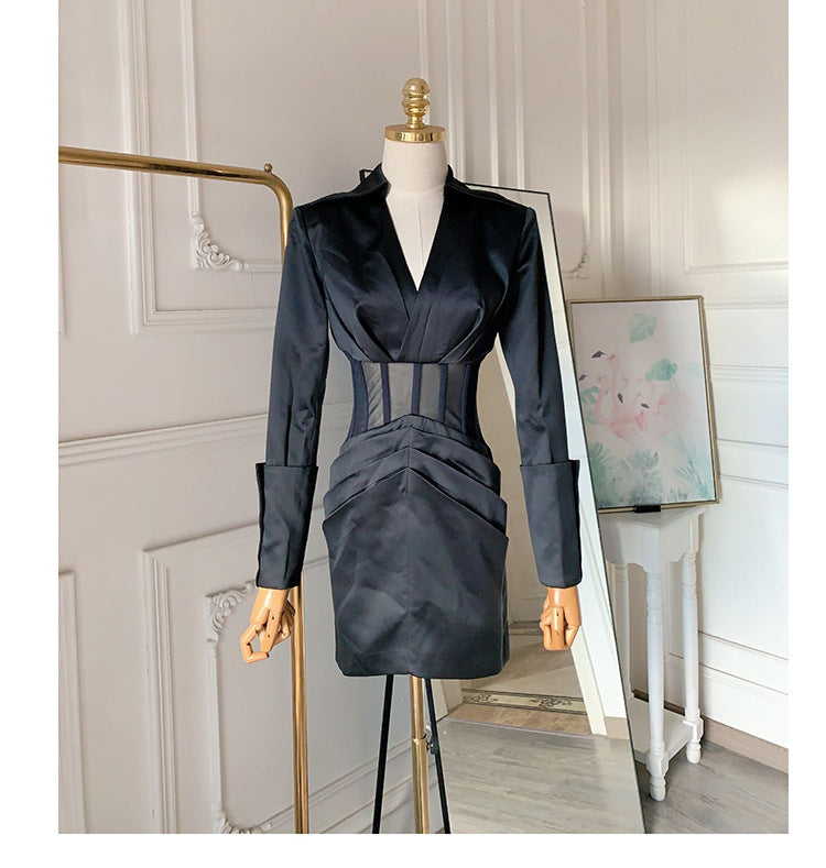 alyssa Deep V See-Through Fishbone Pleated Hip blazer mini dress in black Avalabel