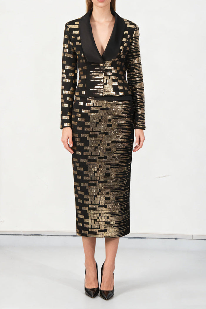 high-waisted skirt Gold sequin print blazer suit in black Avalabel