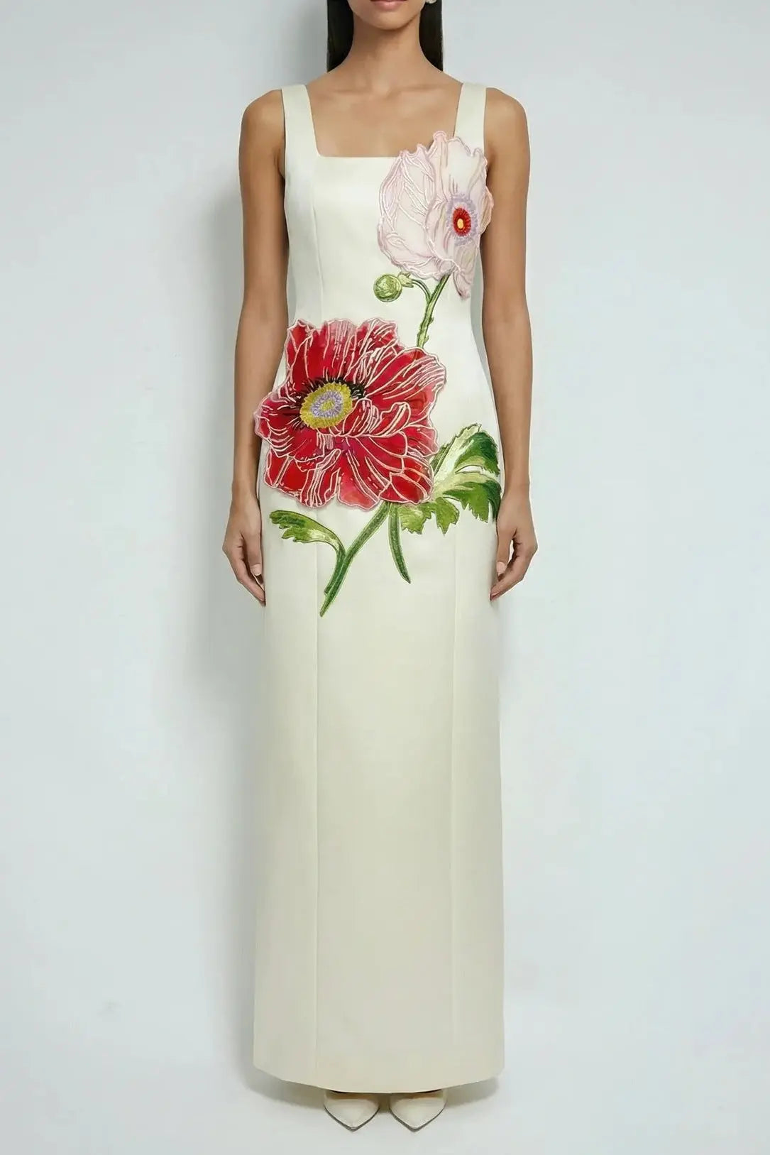 nicola square neck flower embroidery satin maxi dress in apricot Avalabel