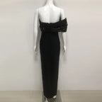 rosemary Black Pearl Embellished Draped strapless maxi dress Avalabel