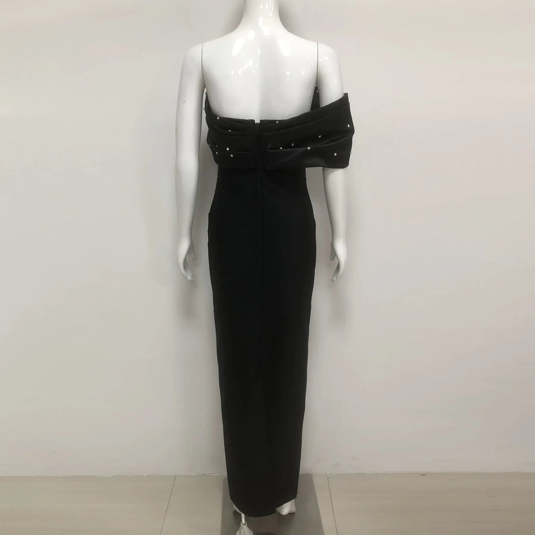 rosemary Black Pearl Embellished Draped strapless maxi dress Avalabel