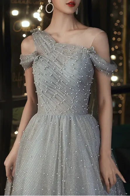 Dusty Blue one-shoulder pearl maxi evening dress Avalabel