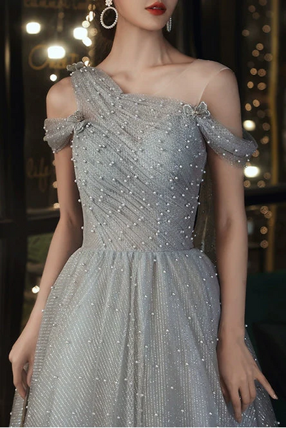 Dusty Blue one-shoulder pearl maxi evening dress