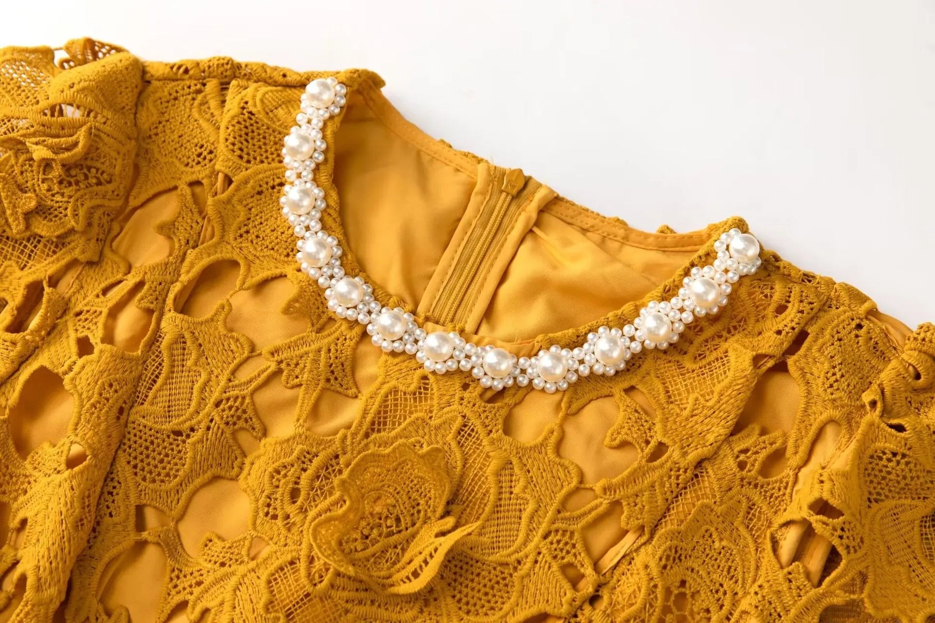 Sylvia Orange Beaded Hollow Crochet Mini Dress Avalabel