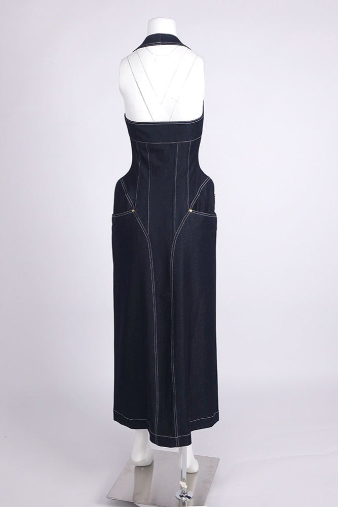 Haltered Corseted Midi Dress Denim in Navy Blue Avalabel