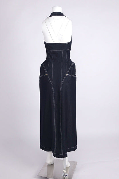Haltered Corseted Midi Dress Denim in Navy Blue