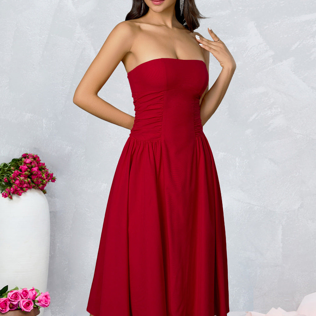 Strapless Side Ruched Flared Midi Dress poava