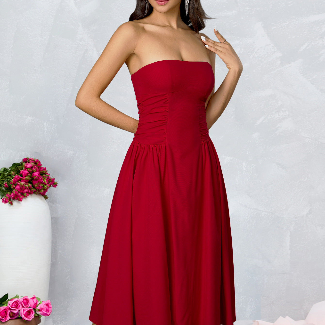 Strapless Side Ruched Flared Midi Dress poava