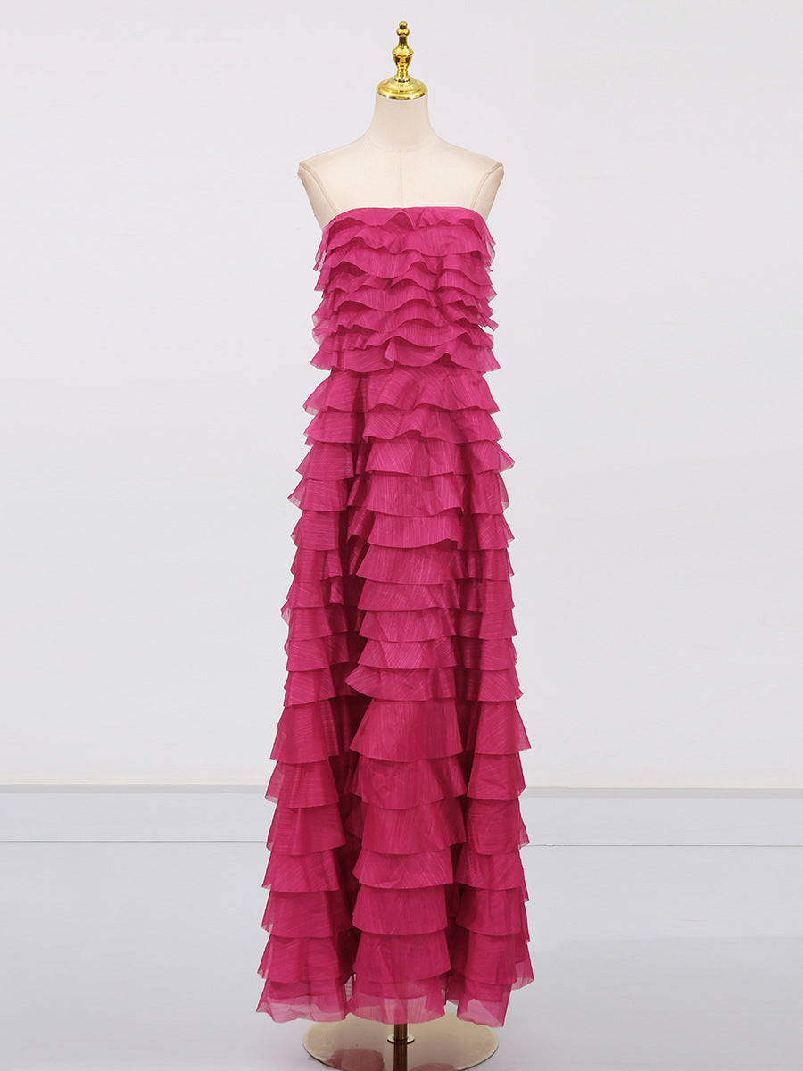 Cathy Pleated Layer Strapless Maxi Dress in Rose Red Avalabel