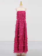 Cathy Pleated Layer Strapless Maxi Dress in Rose Red Avalabel