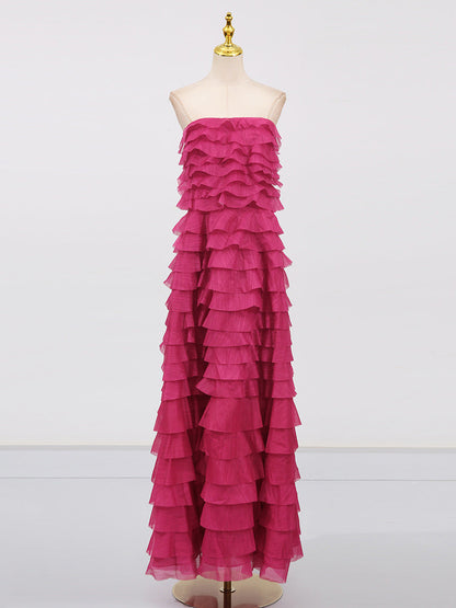 Cathy Pleated Layer Strapless Maxi Dress in Rose Red