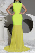 Amy Mesh Stitching Diamond High Collar Bandage Maxi Dress in Green Avalabel
