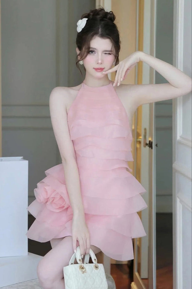3D Flower Halter Ruffle Layer Mini Dress in Pink Avalabel